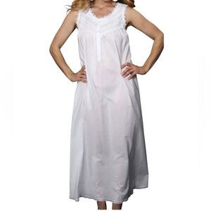 Priamo Classic Cotton Lace Eyelet Pleats White Long Sleeveless Gown M Vintage